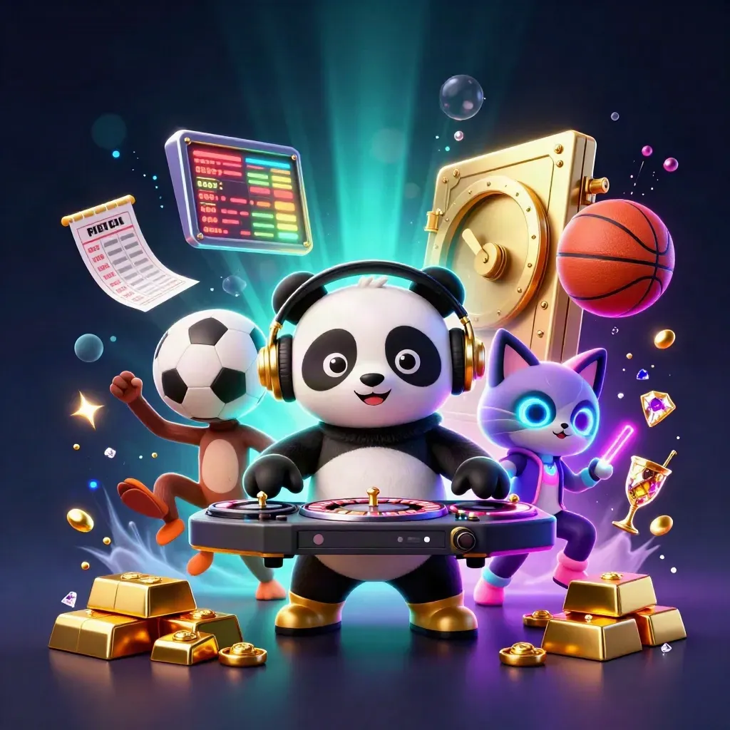 Panda, monkey, and kitten burst amid gold, gems, and sports gear in neon casino light.