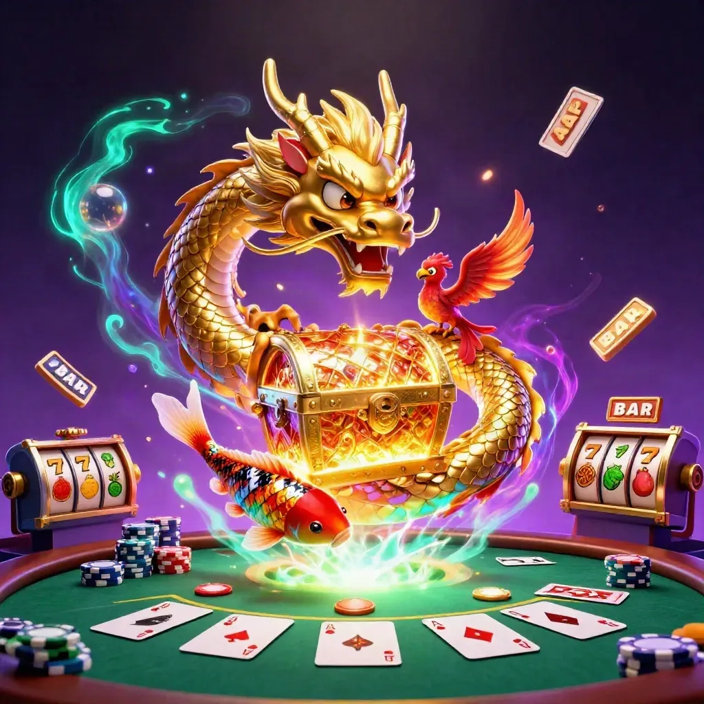 Golden dragon with phoenix and koi amid casino magic, chips, cards, reels, and neon glow