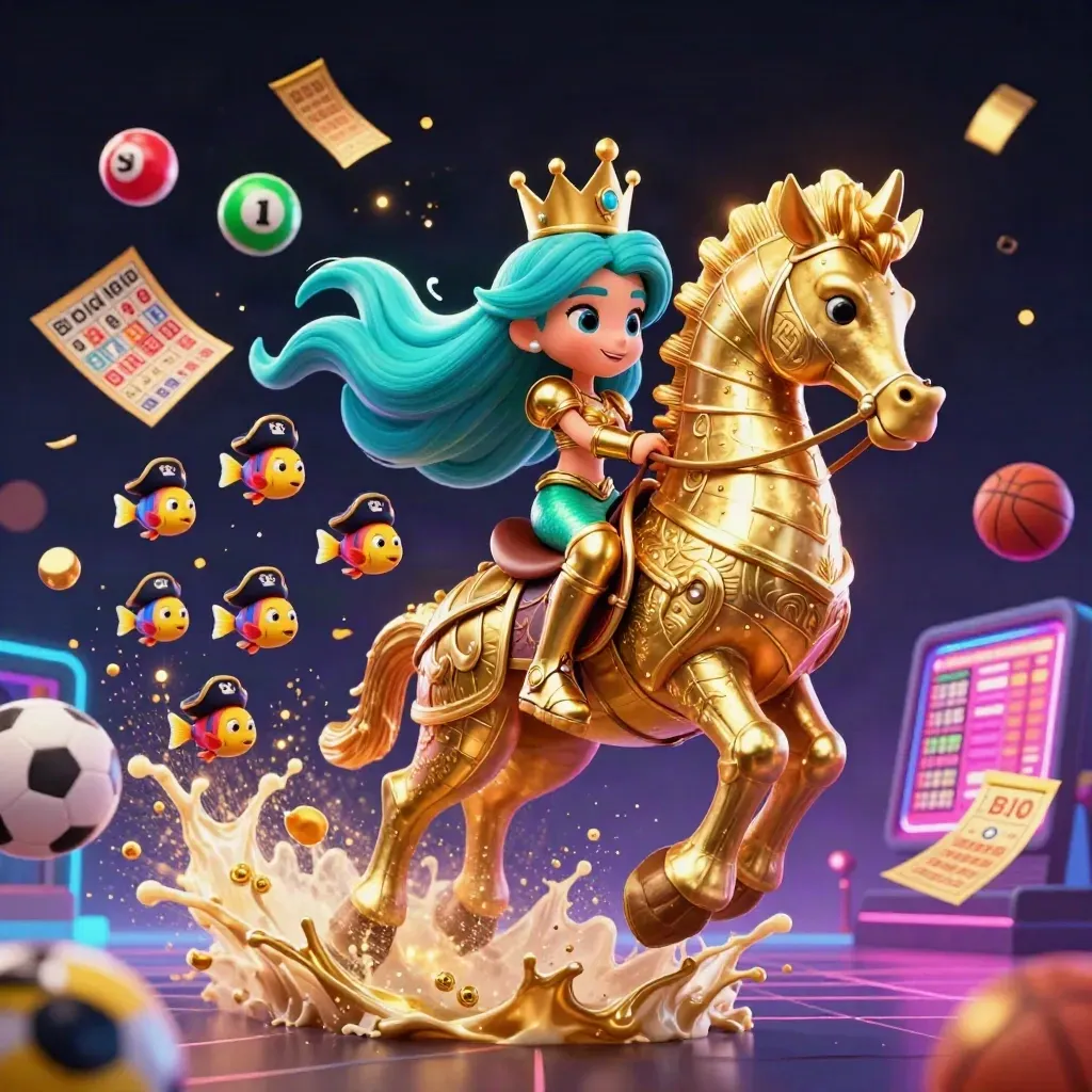 Mermaid princess on a golden seahorse amid lottery balls, bingo card, prize wheel, and neon casino spray