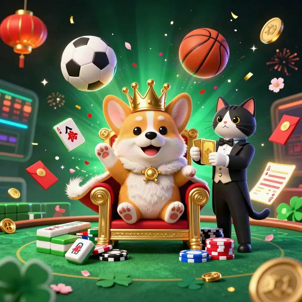 Royal corgi and cat butler amid flying soccer ball, basketball, chips, lanterns and neon sparks.