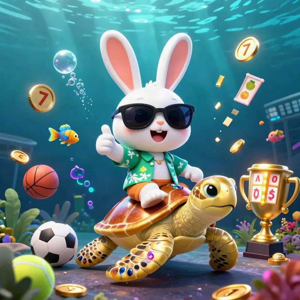Cartoon rabbit rides a gem-shelled sea turtle amid coins, balls, and neon casino effects.