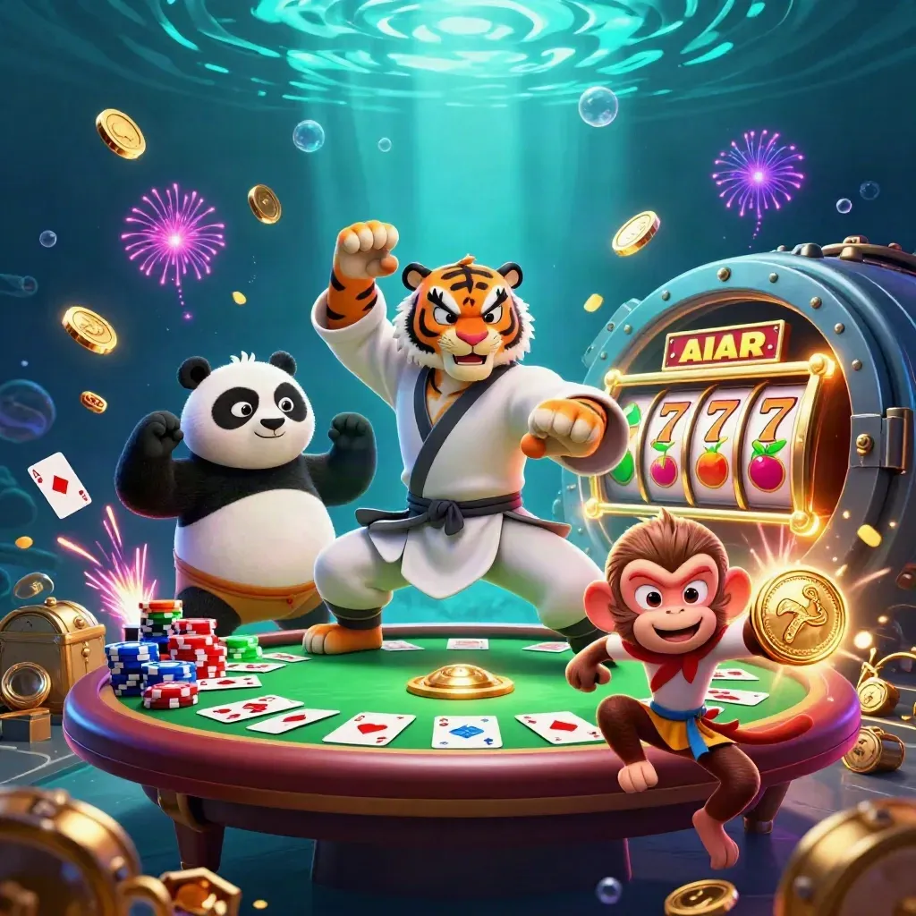 Kung-fu tiger, panda, and monkey amid casino treasure, chips, cards, reels, and underwater neon glow.