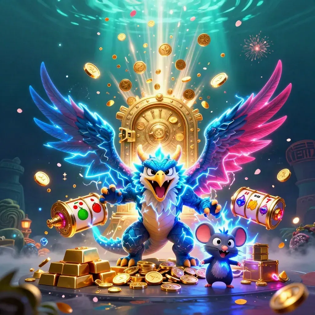 Dragon, hawk, and mouse burst from an open vault with gold, gems, reels, and fireworks.