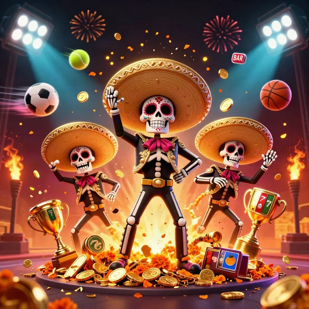 Day-of-the-Dead mariachi trio amid coins, sports balls, trophies, neon casino glow