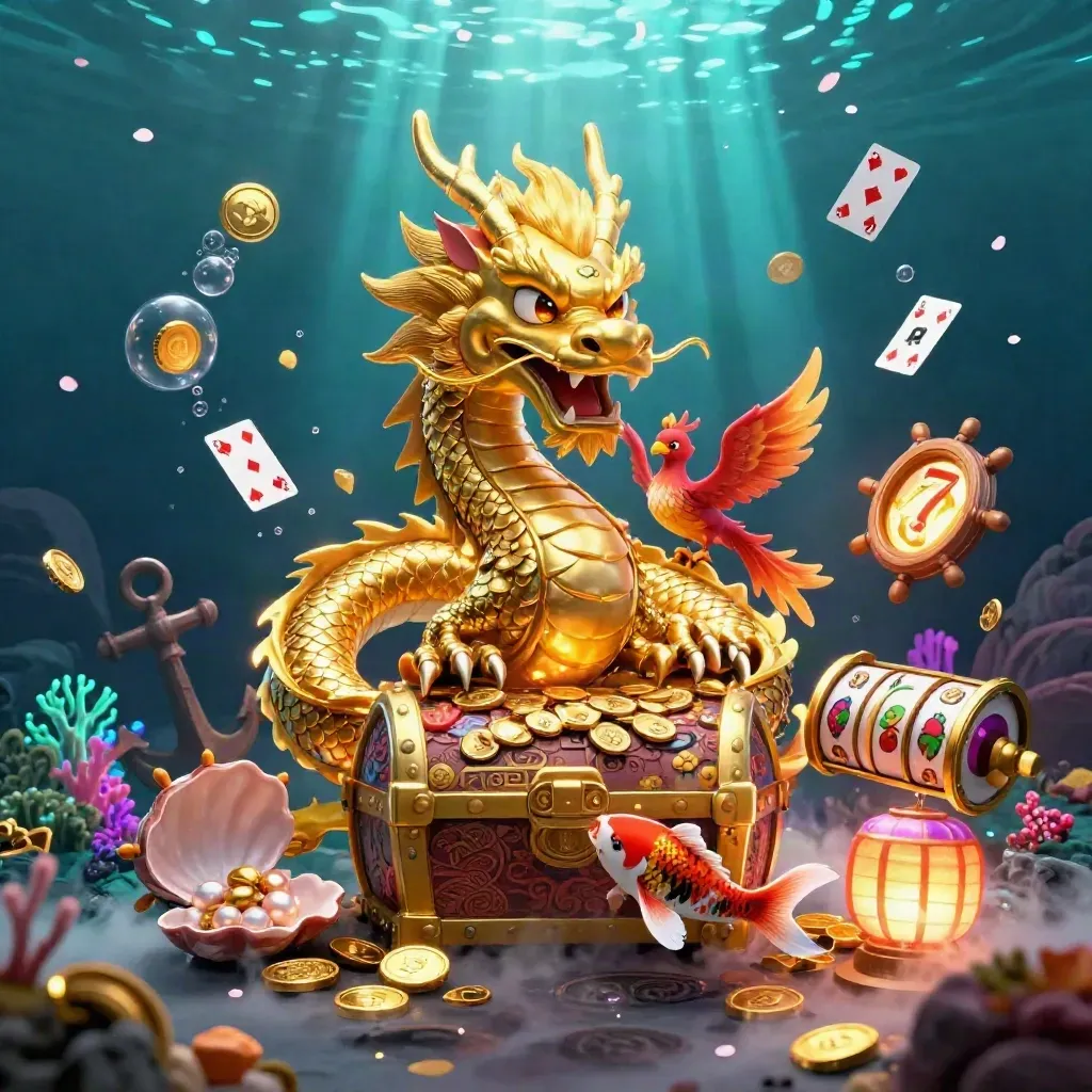 Golden dragon with phoenix and koi around a treasure chest in neon underwater casino glow.