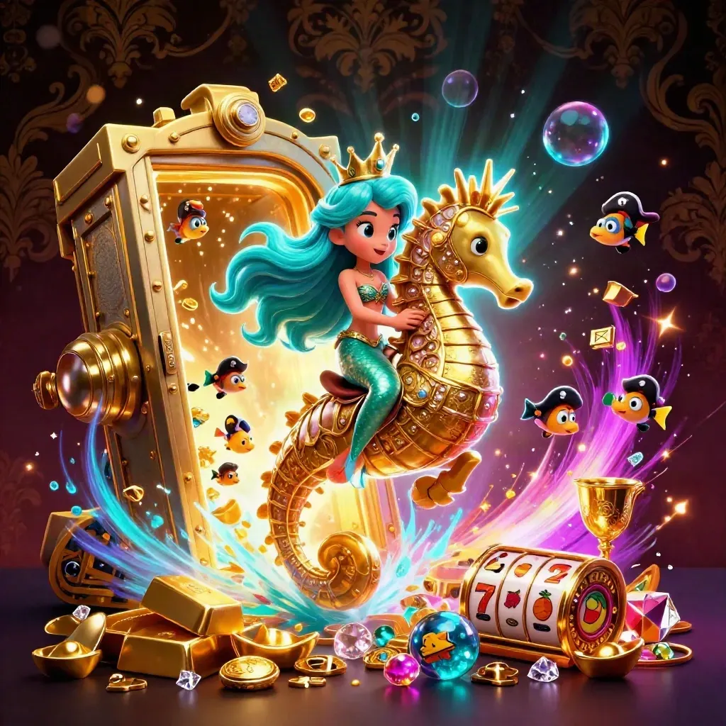 Mermaid princess on a golden seahorse amid vault gold, slot symbols, and neon casino glow